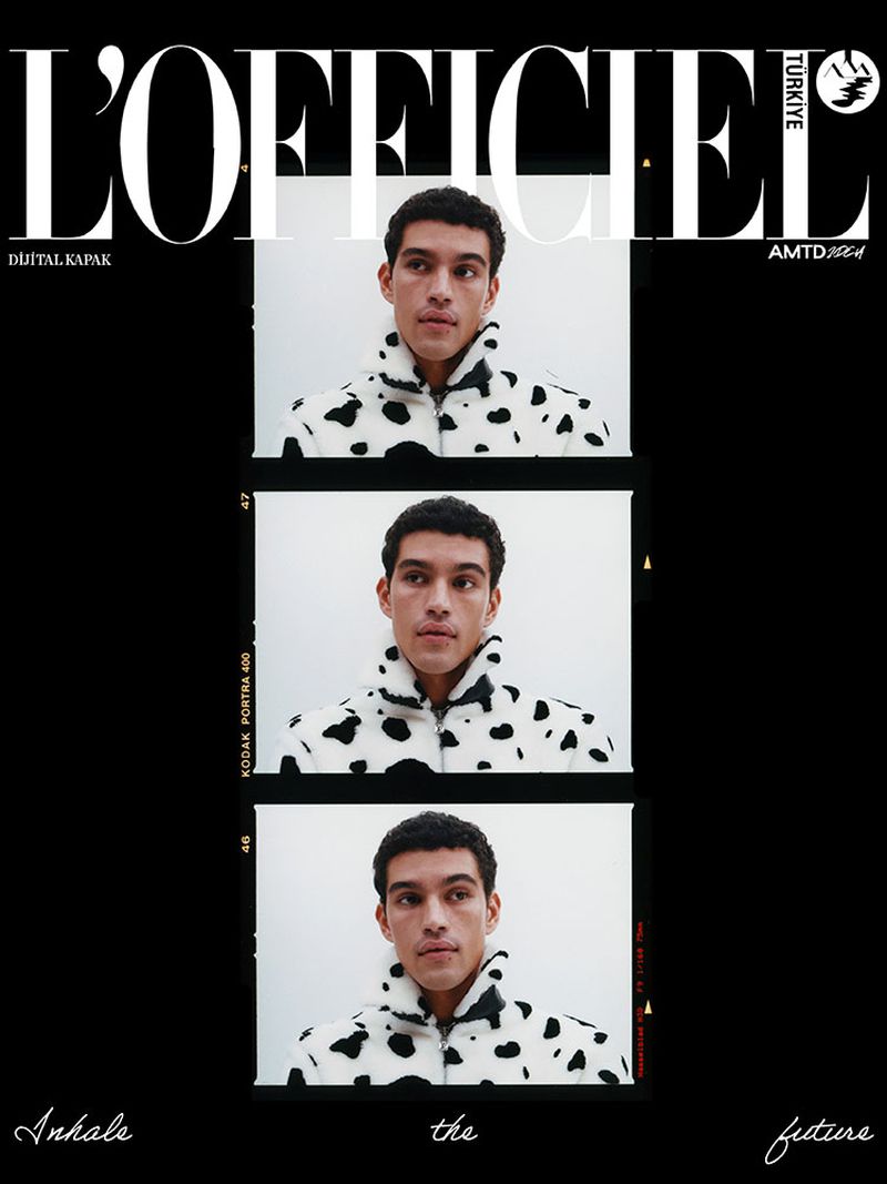 Magazine cover featuring a man wearing a black and white jacket, presented in three film strip frames against a dark background.