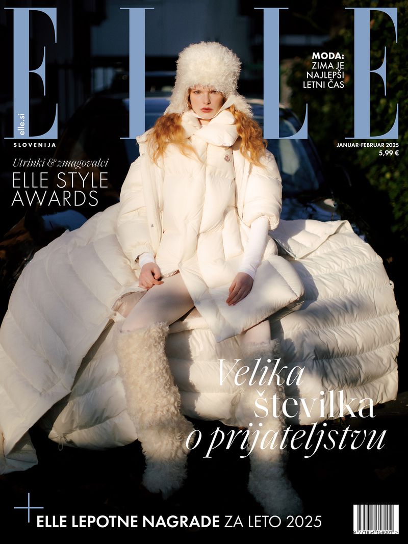 Elle magazine cover featuring a model in a white puffer coat and fur hat, sitting outdoors with a car in the background, fashion editorial.