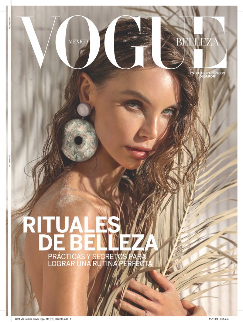 Vogue Mexico magazine cover featuring a model wearing statement earrings, holding a palm frond, beauty and fashion-themed photography.