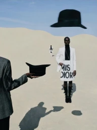 Model in white blazer and black skirt standing in a desert landscape with floating black hats