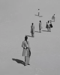 Multiple models in tailored coats and trousers posed across a wide sandy expanse under bright natural sunlight.