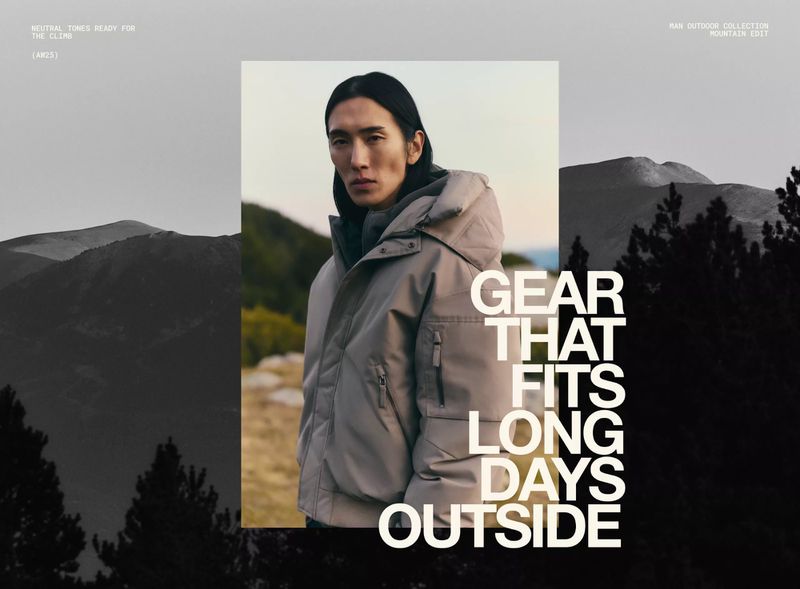 Asian male model wears a gray hooded puffer jacket in a split screen composition showing mountains in dark gray monochrome.