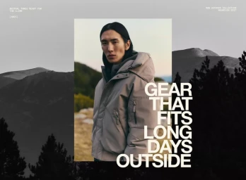 Model wearing a grey puffer jacket with mountain backdrop and large white typographic overlay for Lefties A/W 25 campaign.
