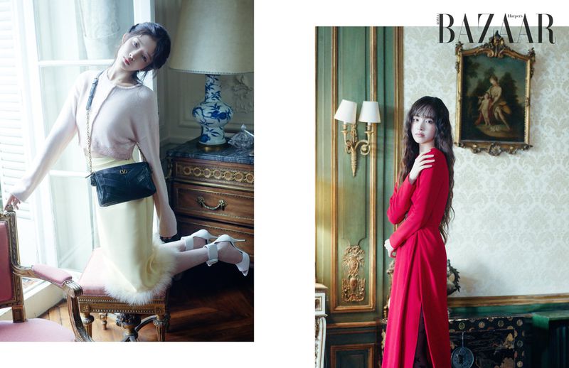 Two-panel fashion editorial featuring a woman in a red dress, and another in a pink top, posing in a room with vintage decor.