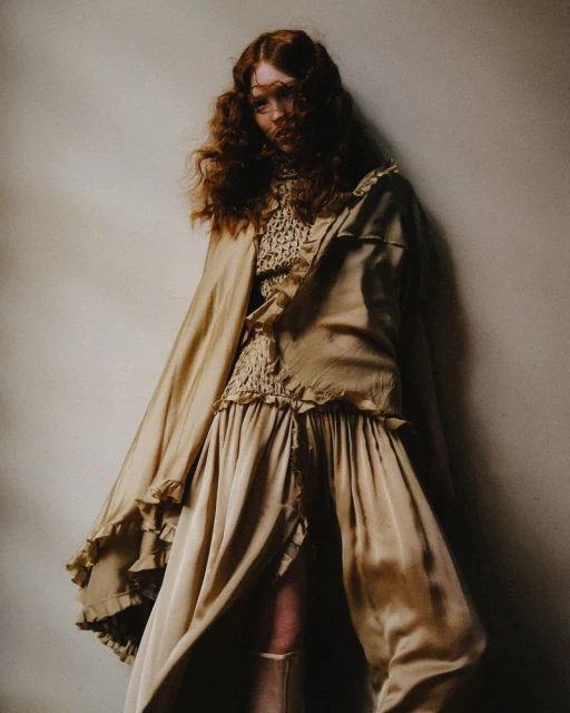 A woman with curly red hair poses in a gold ruffled dress and cape in a fashion editorial photo taken in a photo studio.