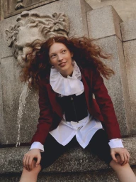 Model with long red hair wearing a red blazer and white ruffled collar posed in front of a stone fountain sculpture