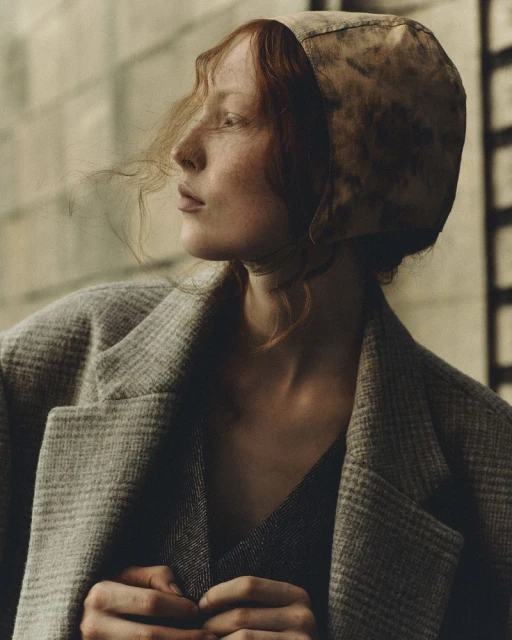 Model with red hair wearing a patterned bonnet and houndstooth blazer outdoors against a textured stone wall.