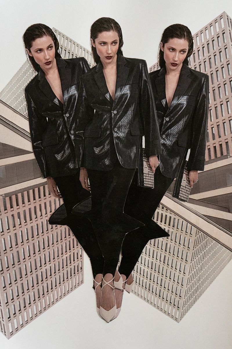 Collage of three women in black blazers and pants, wearing ballet flats, against a backdrop of repeating building illustrations.