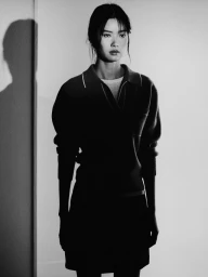 Model Qianxia Ye wearing a dark collared shirt against a white wall with a harsh shadow cast in a black and white portrait.