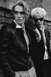 Monochrome fashion editorial featuring two male models in jackets leaning against a textured brick wall.