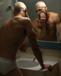 Shirtless man with a shaved head wearing white briefs looking into a bathroom mirror and touching his face