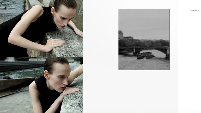 Model wearing a black sleeveless dress leaning over a stone ledge next to a river with a square inset photograph showing a bridge.