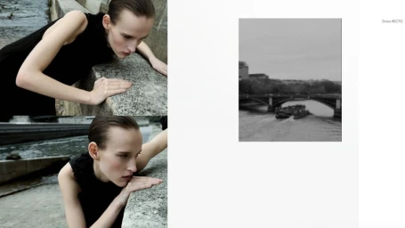 Model wearing a black sleeveless dress leaning over a stone ledge next to a river with a square inset photograph showing a bridge.