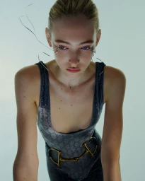 Model in grey scoop-neck bodysuit with a horsebit belt against a seamless light background for Vogue Ukraine.
