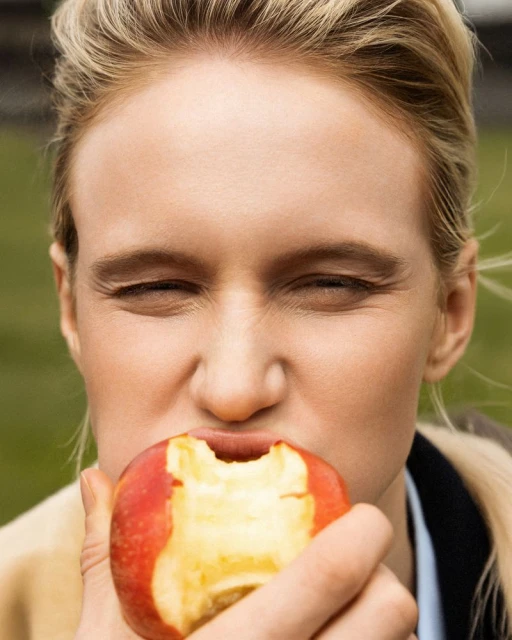 Blond woman with a partially eaten red apple. Close-up portrait in natural light, capturing a moment of refreshment outdoors.