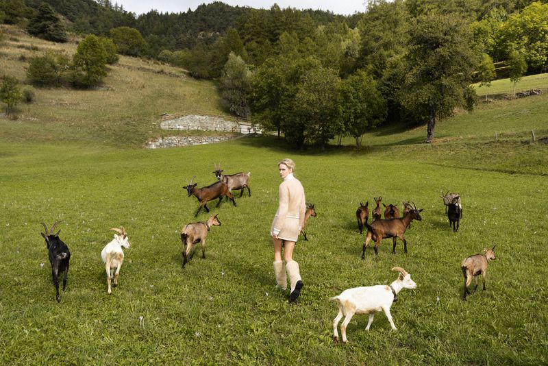 Woman in a light dress stands in a green meadow surrounded by a herd of goats, with rolling hills and trees in the background.
