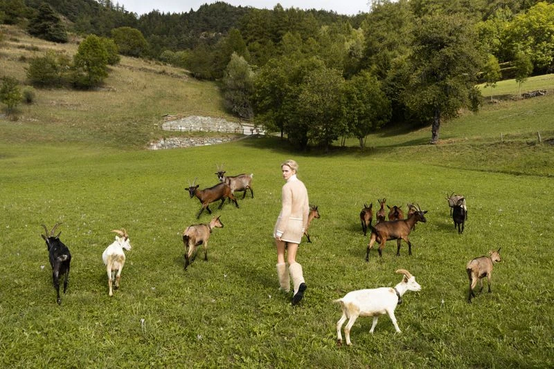 Woman in a light dress stands in a green meadow surrounded by a herd of goats, with rolling hills and trees in the background.