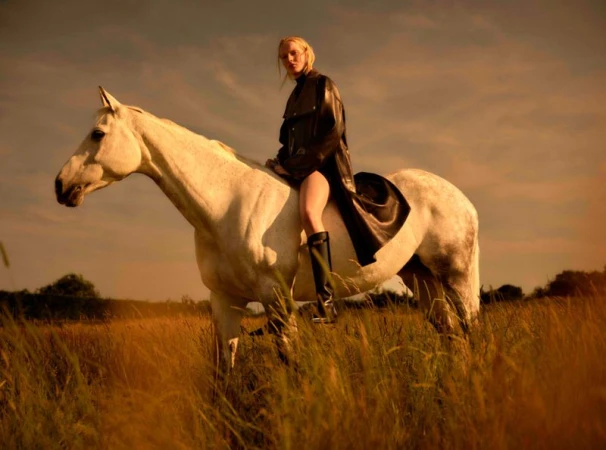 Woman in a black coat rides a white horse through a golden field at sunset, equestrian fashion photoshoot with a warm color palette.