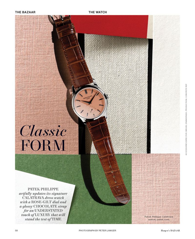 Patek Philippe Calatrava dress watch with a rose-gilt dial and chocolate strap on a textured geometric background, fashion editorial.
