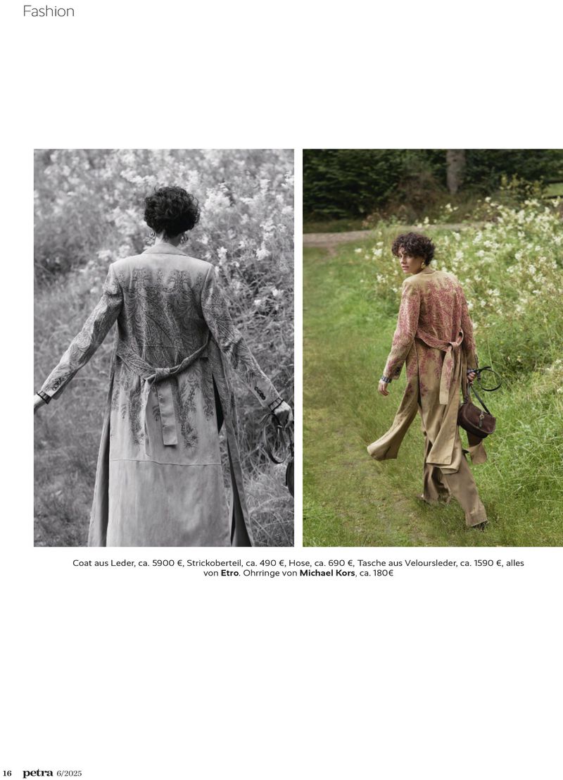 Two fashion shots showcase a woman in a tan coat dress walking through fields. Black and white image on left, color image on right.