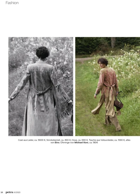 Two fashion shots showcase a woman in a tan coat dress walking through fields. Black and white image on left, color image on right.