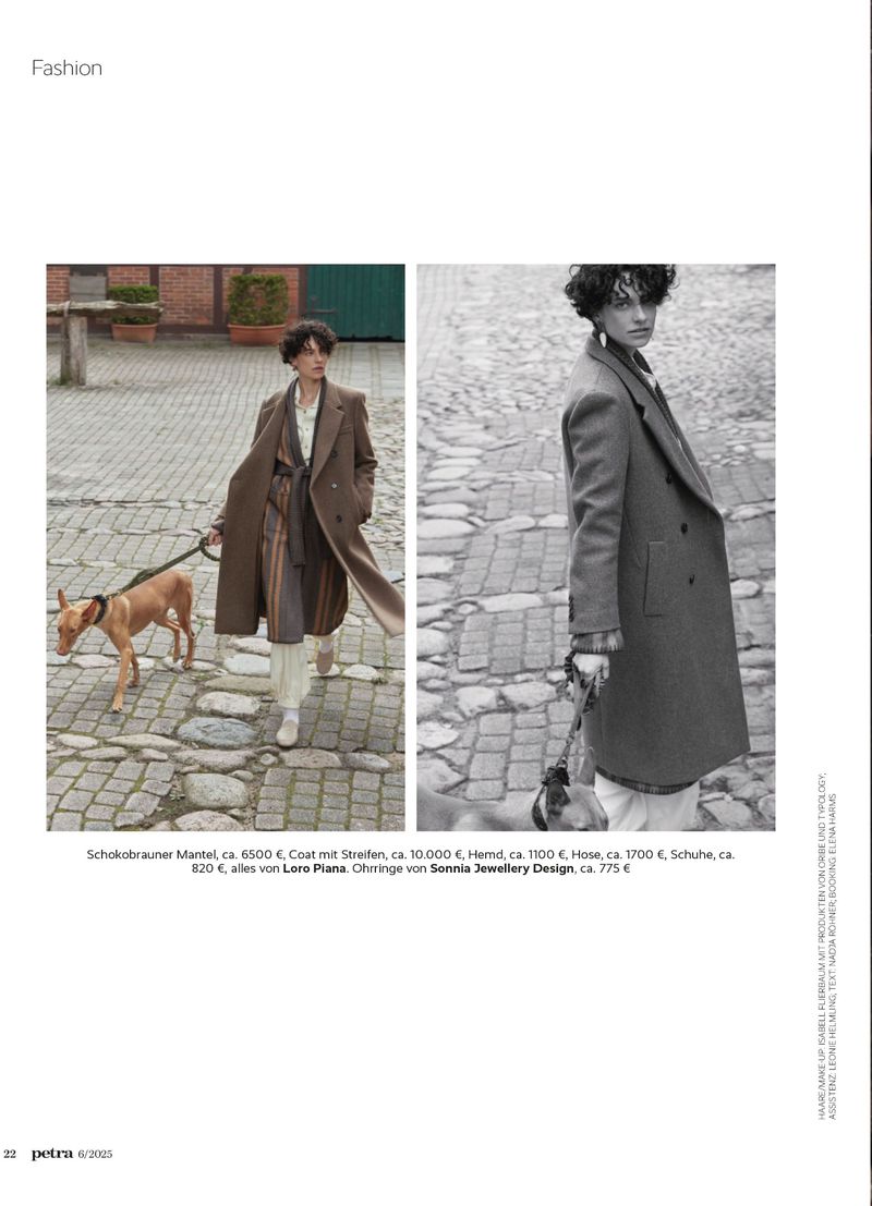 A fashion editorial shows a woman in a brown coat walking a dog on a cobblestone street and a model in a gray coat on a cobblestone street.