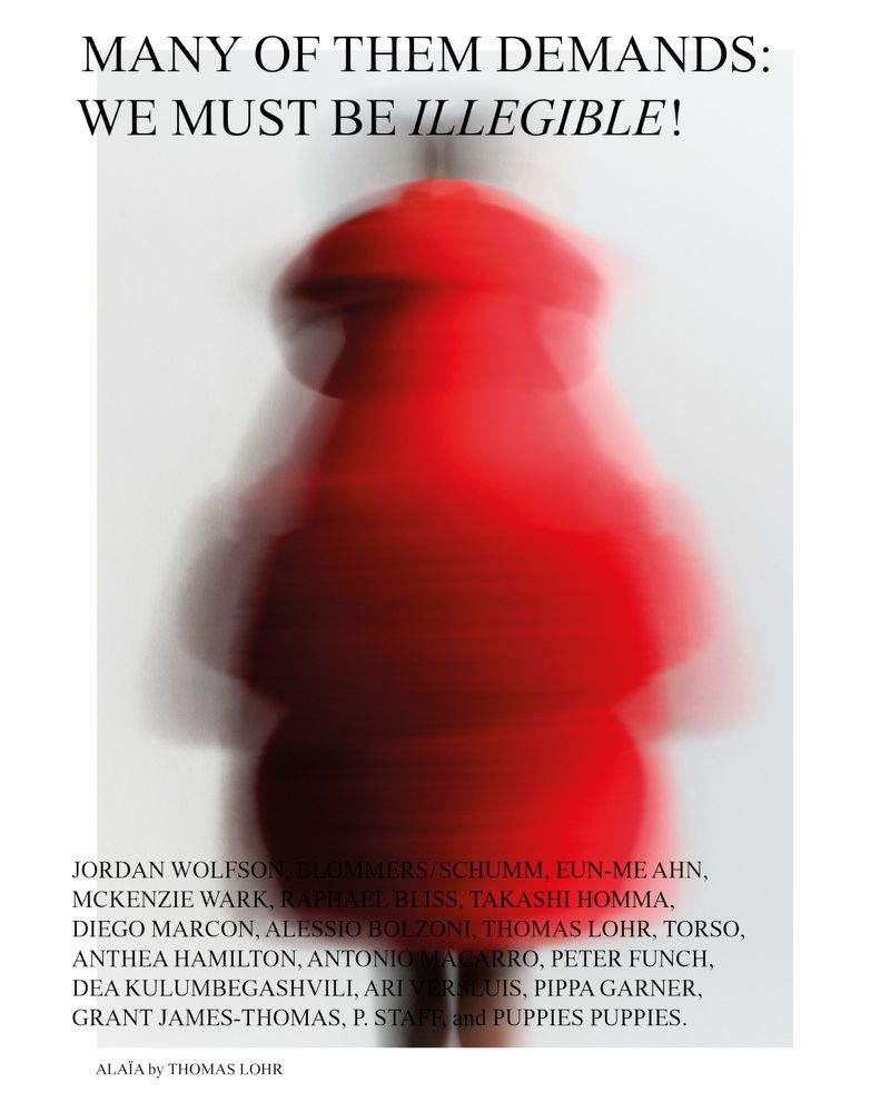 Abstract art poster with a blurred red figure, block text, and artist/collaborator credits in white background, bold typographic design.