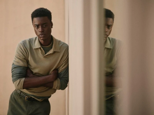 Portrait of a serious African-American male model with arms crossed, wearing a polo shirt, gazing at the camera indoors.