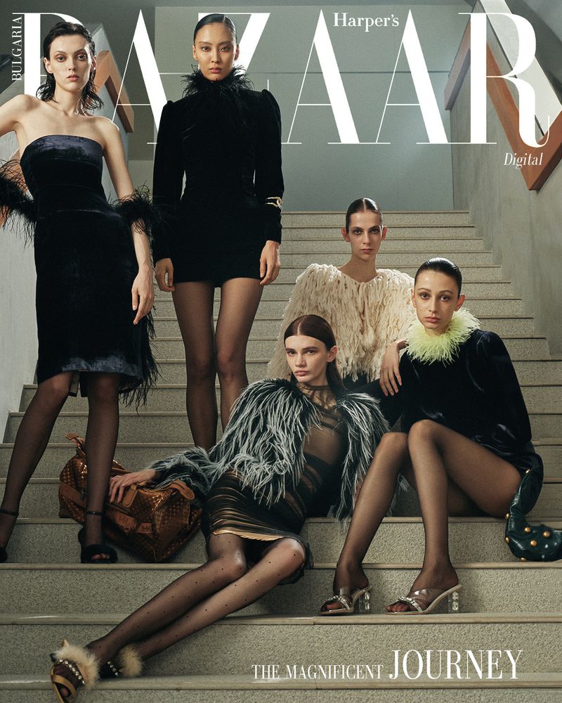 Five fashion models pose on stairs wearing dresses with black, white, and neon green feather details for Harper's Bazaar Bulgaria.