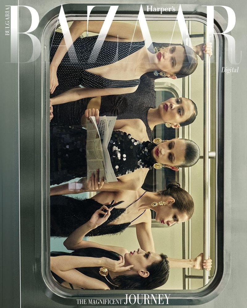Editorial fashion cover featuring five models in black dresses inside a subway car with 'BAZAAR' and 'THE MAGNIFICENT JOURNEY' text overlays.