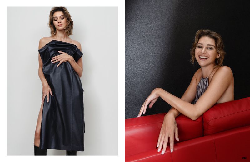 A composite image showing a slender woman in a black dress and boots standing against a white background and on a red sofa.