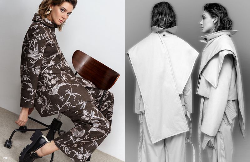 A woman in patterned brown and white pantsuit poses on a chair next to a black and white split image of the same model in a coat.