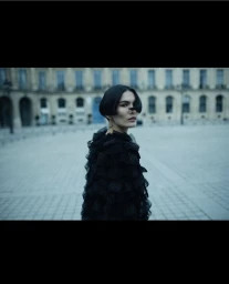 Model with dark hair wearing a textured black ruffled coat outdoors in a paved public square