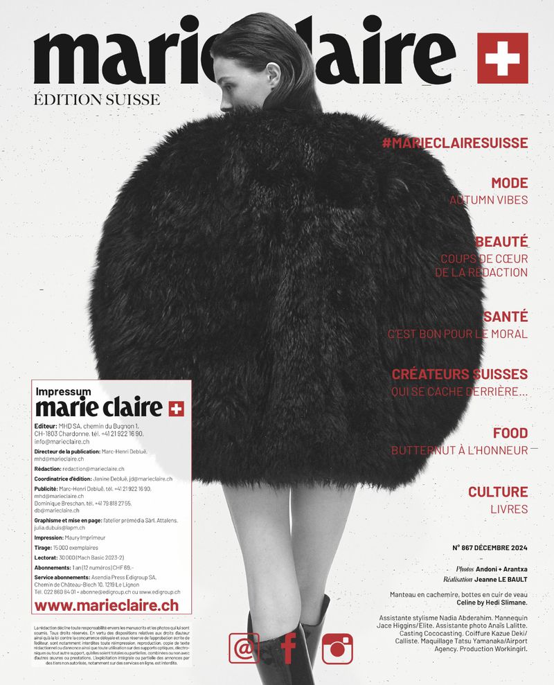 Magazine cover featuring a woman in an oversized black fur coat, with the Marie Claire Suisse edition logo, and fashion editorial content.