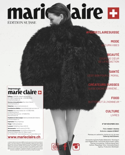 Magazine cover featuring a woman in an oversized black fur coat, with the Marie Claire Suisse edition logo, and fashion editorial content.