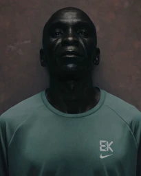 Close-up portrait of Eliud Kipchoge wearing a green athletic t-shirt against a dark textured background shot by Gabriel Moses.