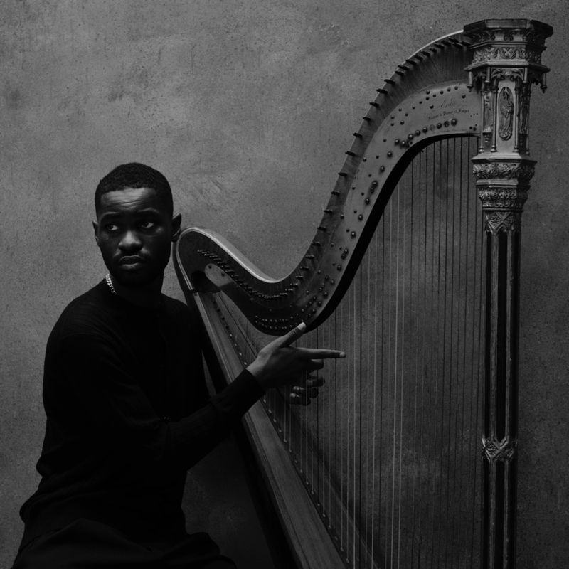 Monochrome portrait of a Black man with a harp in a dimly lit indoor setting, featuring dark clothing and a neutral facial expression.