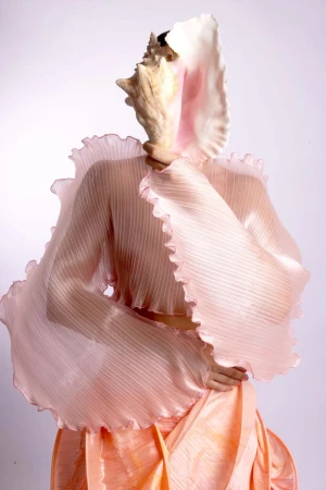 Person in a translucent ruffled blouse holding a large conch shell over their face against a plain backdrop, creating a surreal effect.