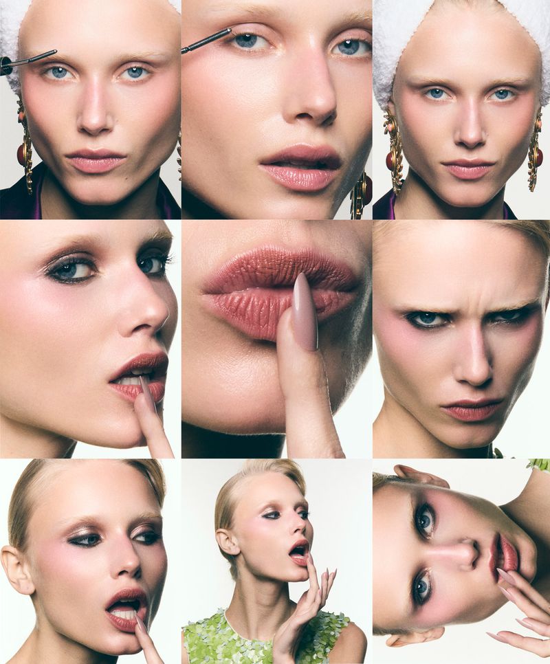 Beauty shots of a fair-skinned model showcasing diverse makeup looks, including bright eyeshadow, bold lip colors, and groomed eyebrows.