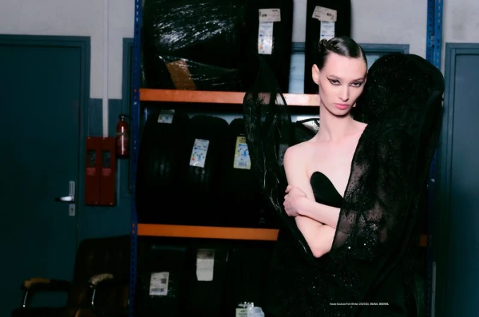 A model in a black dress poses in an industrial setting with tires stacked on shelves behind her, creating a fashion-editorial contrast.