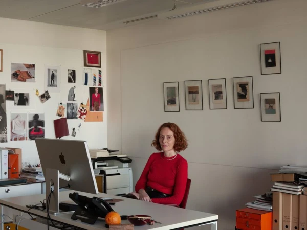 Adult woman sits at a desk in an office setting with a computer and artwork. The scene is brightly lit and captured in a medium shot.