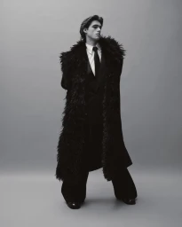 Model wearing a black faux-fur trimmed coat over a suit against a grey seamless background