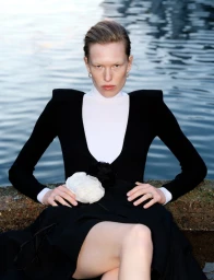 Model Leanne De Haan seated outdoors in a structured black sharp-shouldered dress with a white high neckline by rippling water.