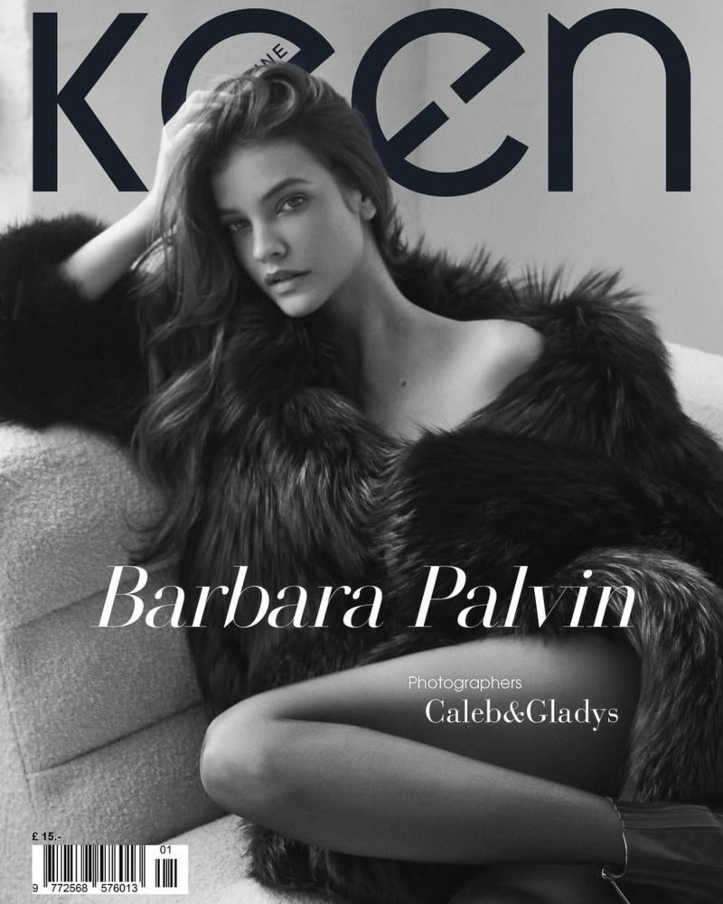 Black and white fashion magazine cover featuring Barbara Palvin wearing a fur coat, sitting on a couch, with 'Keen' in large text.