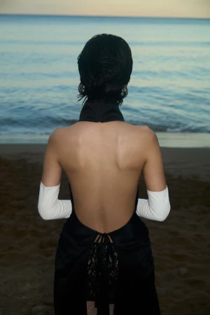 Back view of woman in open-back dress on beach at sunset. The dress has lace detailing, and the sky is a soft blend of colors.