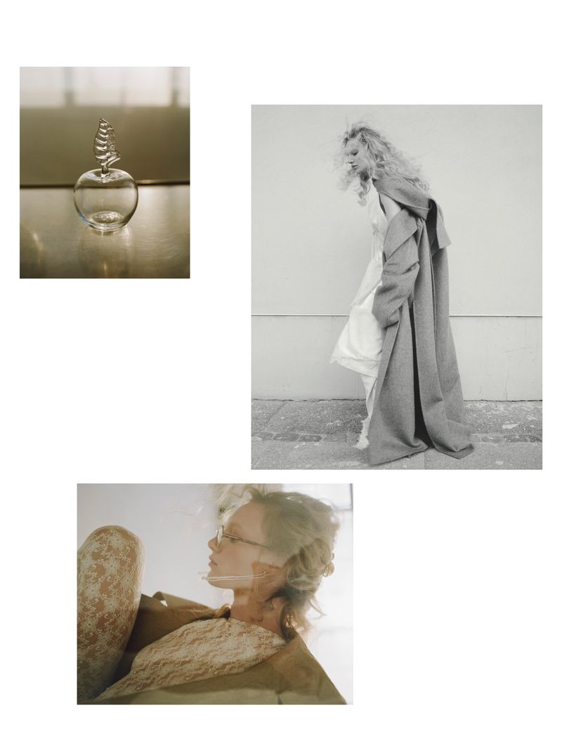 Artistic collage featuring a glass perfume bottle, a stylish woman in a coat, and a portrait with a neutral backdrop, creating a unique aesthetic.