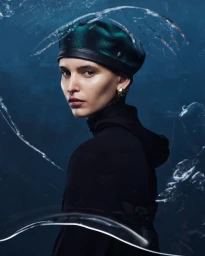 Model wearing a dark green plaid beret and black top behind a textured glass surface for Helen Kaminski