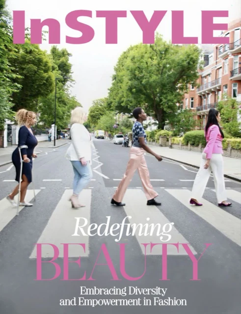 InStyle magazine cover with four women of diverse body types crossing a crosswalk; trees and buildings in the background.