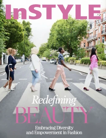 InStyle magazine cover with four women of diverse body types crossing a crosswalk; trees and buildings in the background.