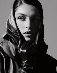Monochrome portrait of a woman wearing a sculpted black leather hood and leather glove against a studio background.
